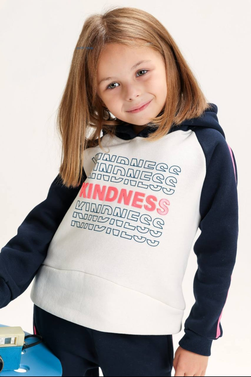 Girls’ Navy & White Hooded Tracksuit Set – “Kindness” Print with Pink Stripe Detail