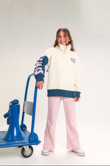 Girls’ Cream & Pink 2-Piece Outfit – Cozy High-Neck Sweatshirt & Flared Trousers