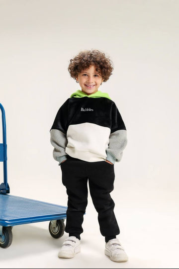 Boys’ Black & White 2-Piece Velour Tracksuit Set – Color-Block Hoodie & Joggers
