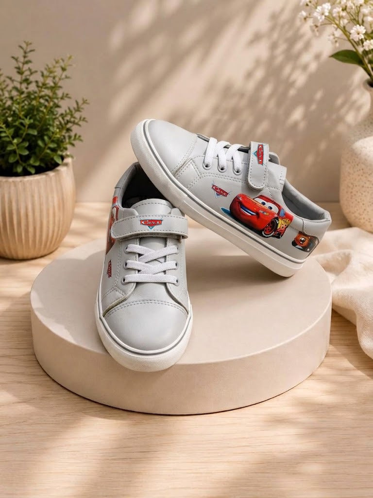 Kids’ White Cars Sneakers – Velcro Strap & Lace-Up Casual Shoes