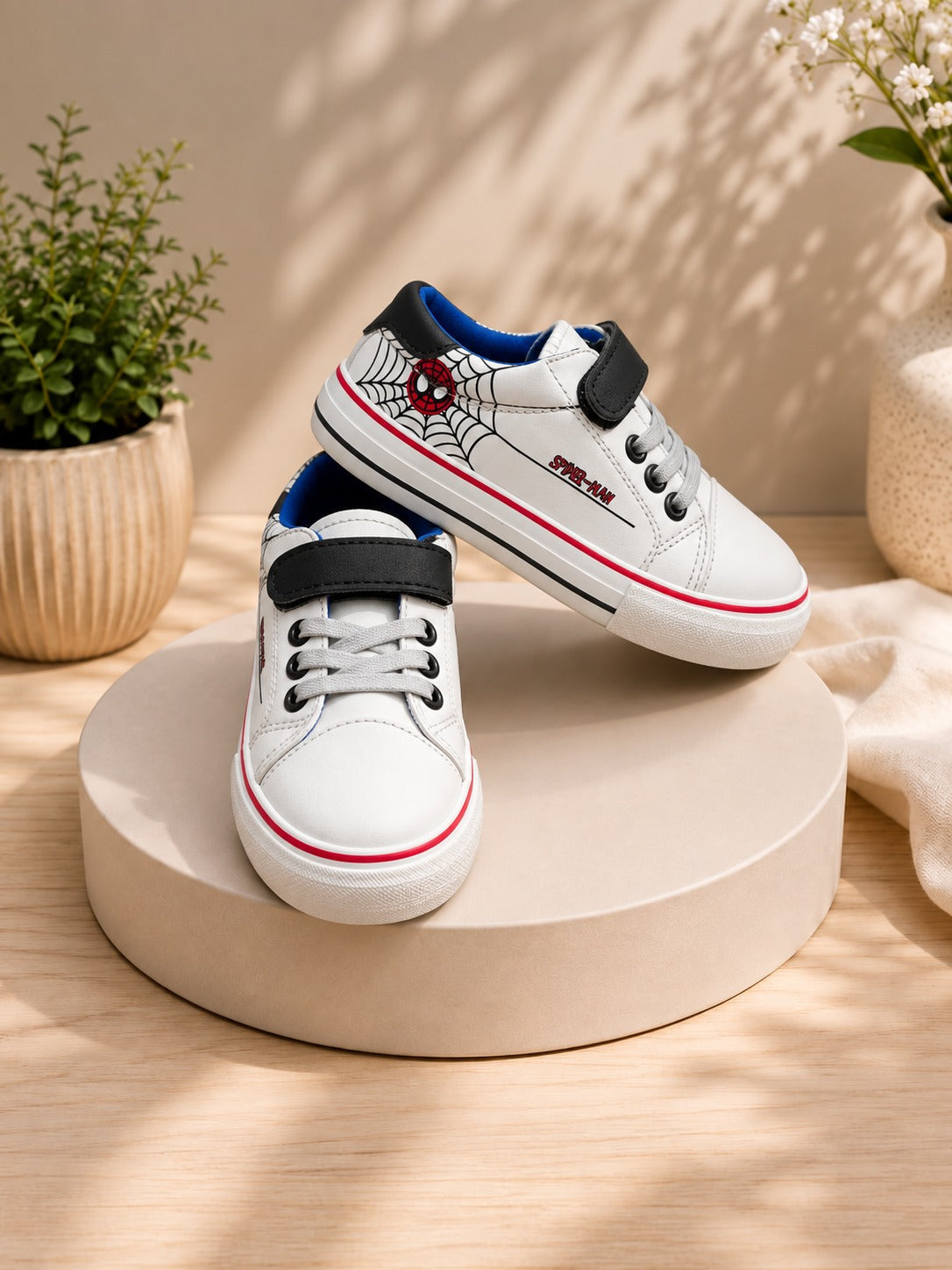 Kids’ White Spider-Man Sneakers – Lace-Up & Velcro Strap Casual Shoes
