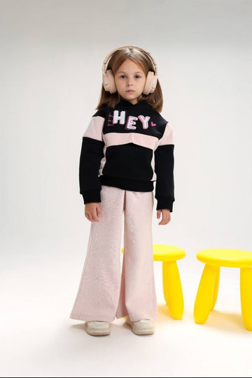 Girls’ Color Block Hoodie Sweatshirt & Wide-Leg Pants Set – Pink and Black Casual Outfit