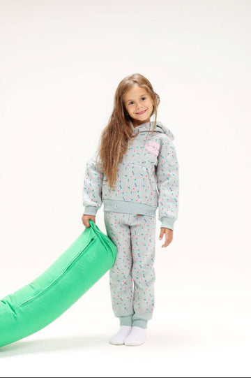 Girls’ Floral Hooded Pajama Set – Pink & Mint 2-Piece Cozy Sleepwear