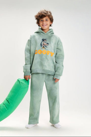 Boys’ Disney Goofy 2-Piece Tracksuit Set – Sage Green Hooded Sweatshirt & Jogger Pants