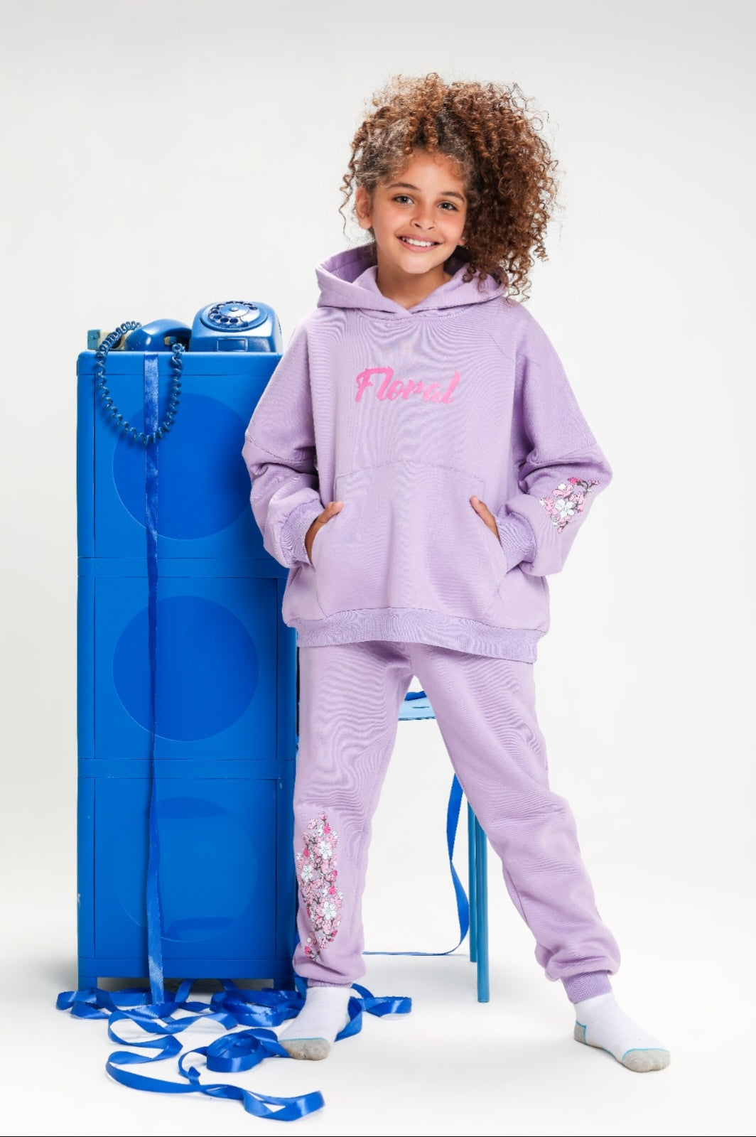 Girls’ Floral Hooded Tracksuit Set – Lavender 2-Piece Sweatshirt & Jogger Pants