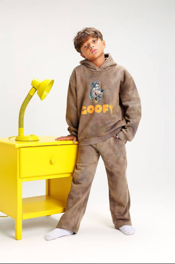 Boys’ Brown Goofy Hoodie Tracksuit Set – 2-Piece Disney Sweatshirt & Jogger Pants