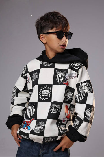 Boys’ Marvel Spider-Man Checkerboard Hoodie – Black & White Graphic Pullover