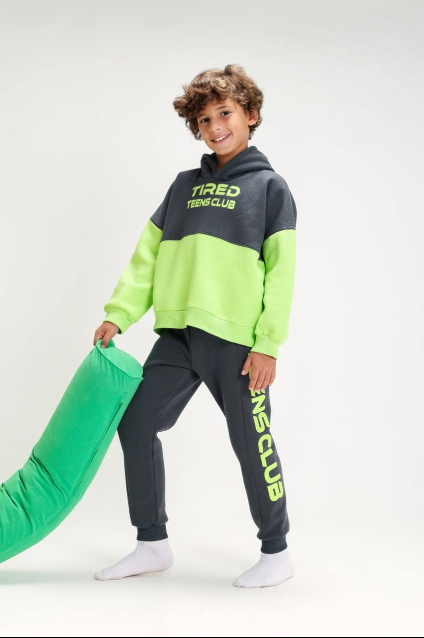 Boys’ Neon Green & Charcoal “Tired Teens Club” Hoodie Set – Graphic Sweatshirt & Jogger Pants