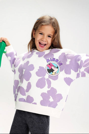 Girls’ Minnie Mouse Floral Sweatshirt – White & Lilac Printed Crew Neck Pullover