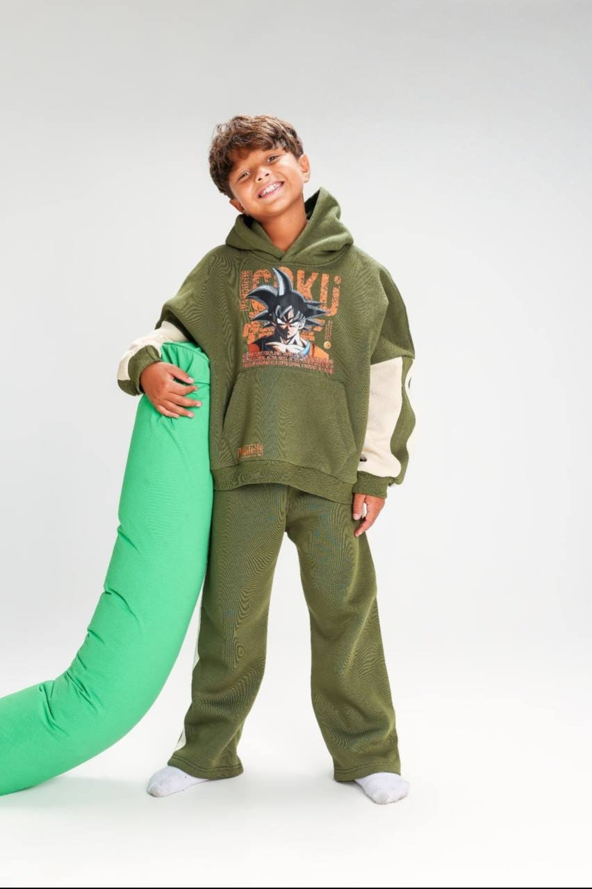 Boys’ Dragon Ball Z Graphic Hoodie Set – Olive Green & Cream Two-Piece Tracksuit