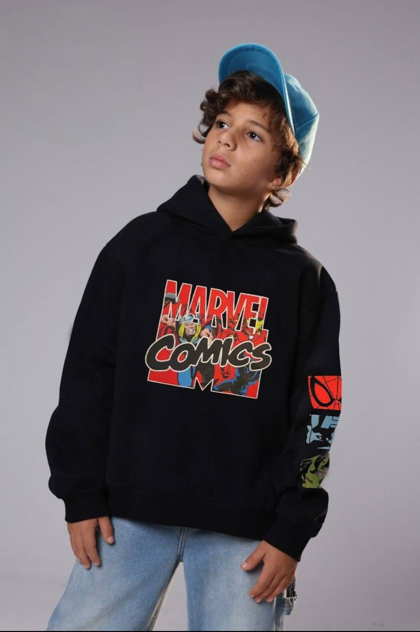 Boys’ Marvel Comics Graphic Hoodie – Black Pullover Sweatshirt with Character Sleeve Prints