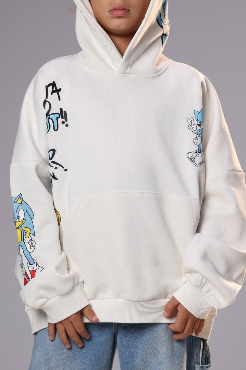Boys’ Sonic Graphic Hoodie – White Pullover Sweatshirt with Character Prints