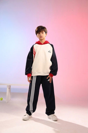 Boys’ Sporty Tracksuit Set – Color-Block Hoodie & Striped Jogger Pants