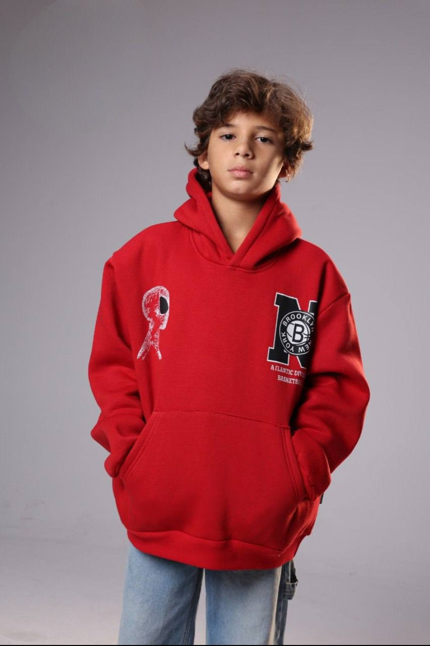 Boys’ Red Brooklyn Basketball Hoodie – Graphic Pullover Sweatshirt with Front Pocket