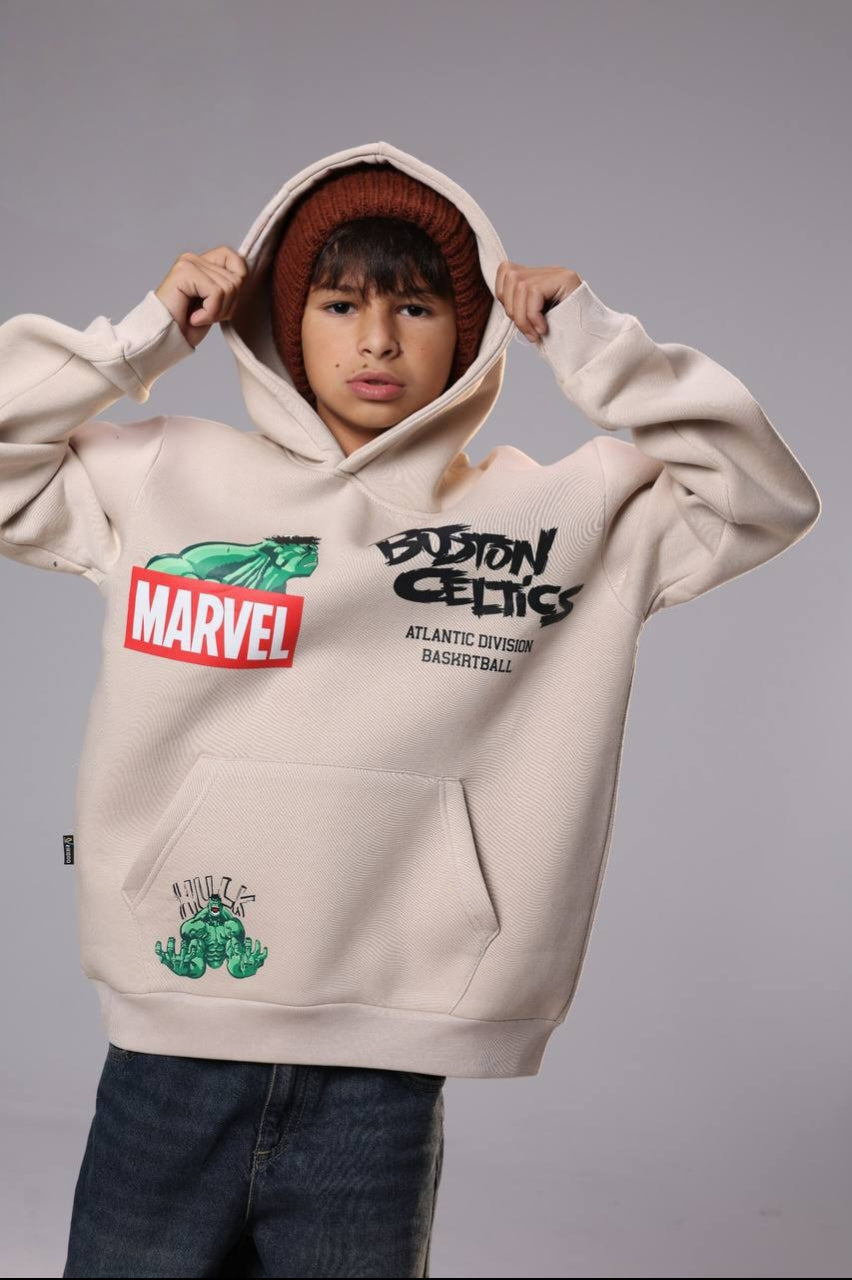 Boys’ Cream Marvel Hulk & Boston Celtics Graphic Hoodie – Basketball Pullover Sweatshirt