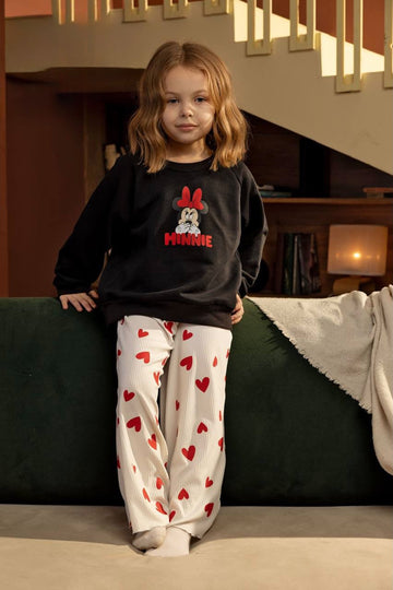 Girls’ Minnie Mouse Black Sweatshirt & Heart Print Ribbed Pants Set