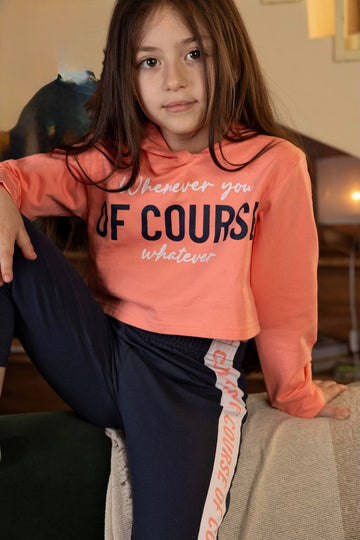 Girls’ Coral Hoodie & Navy Jogger Set – “Course” Graphic Casual Outfit