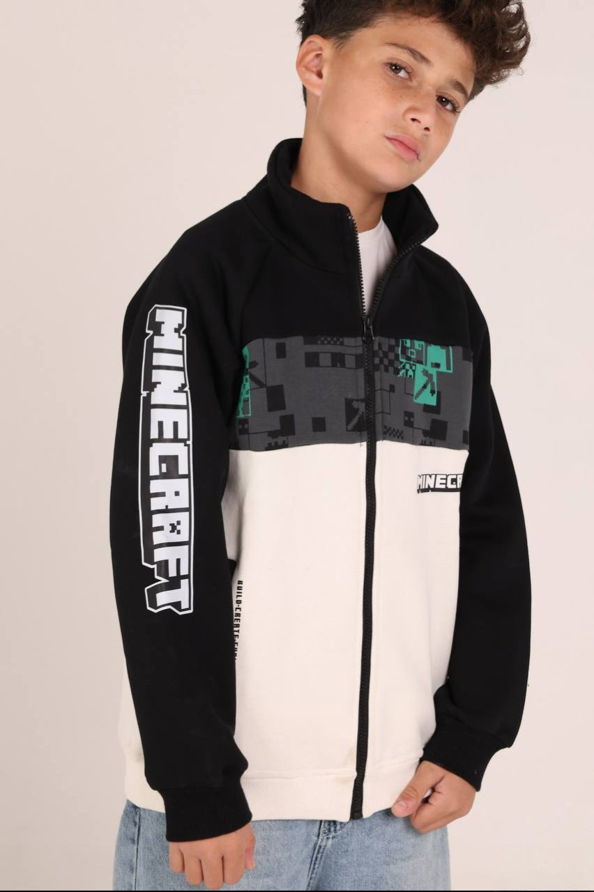 Boys’ Minecraft Zip-Up Jacket – Black & White Color-Block Jacket with Pixel Graphic Details