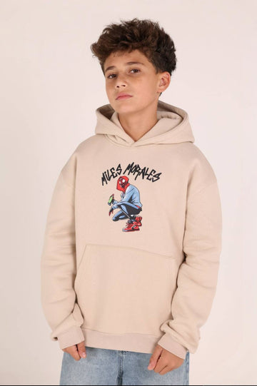 Boys’ Spider-Man Graphic Hoodie – Beige Pullover Sweatshirt with Front & Back Prints