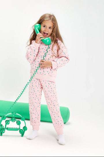 Girls’ Pink Printed Sweatshirt & Jogger Set – Cozy 2-Piece Kids Tracksuit