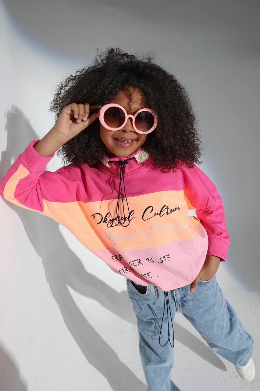 Girls’ Pink Graphic Hoodie – Color Block Long-Sleeve Casual Sweatshirt