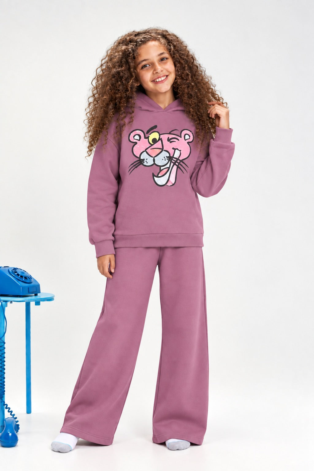 Girls’ Pink Panther Graphic Hoodie & Wide-Leg Pants Set – Casual Two-Piece Outfit