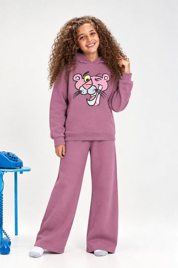 Girls’ Pink Panther Graphic Hoodie & Wide-Leg Pants Set – Casual Two-Piece Outfit