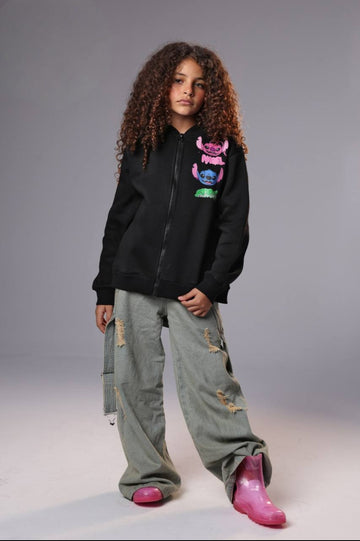 Girls’ Black Stitch Graphic Zip-Up Hoodie – Long-Sleeve Casual Sweatshirt