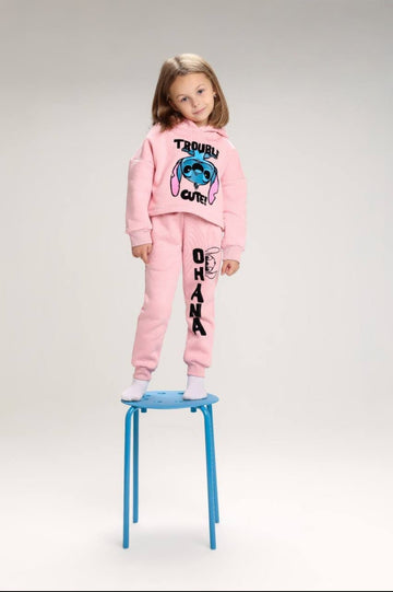 Girls’ Pink Stitch Hoodie & Jogger Set – Cute Graphic Casual Tracksuit