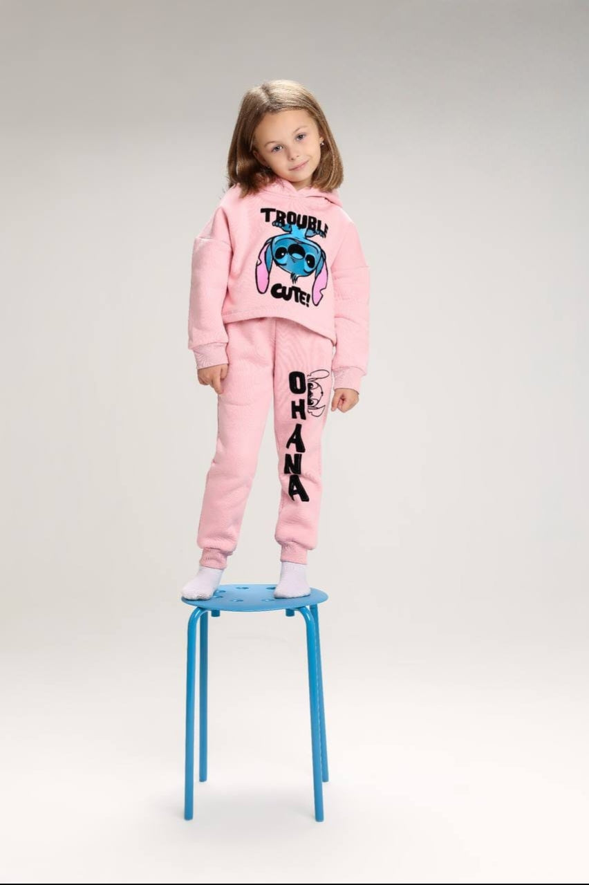 Girls’ Pink Stitch Hoodie & Jogger Set – Cute Graphic Casual Tracksuit