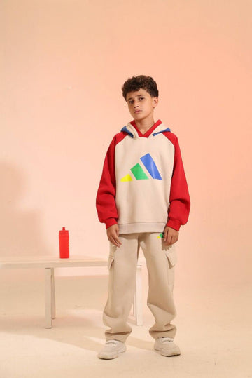 Boys’ Beige & Red Graphic Hoodie Set – Casual Sweatshirt & Cargo Jogger Outfit