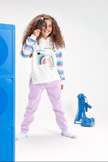 Girls’ Rainbow Graphic Hoodie & Jogger Set – Colorful Striped Sleeve Sweatshirt with Lilac Pants