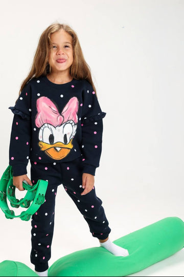 Girls’ Daisy Duck Sweatshirt & Jogger Pants Set – Polka Dot Casual Two-Piece Outfit