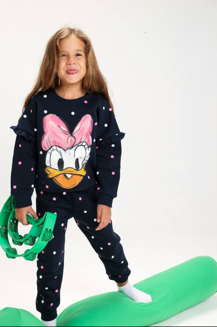 Girls’ Daisy Duck Sweatshirt & Jogger Pants Set – Polka Dot Casual Two-Piece Outfit