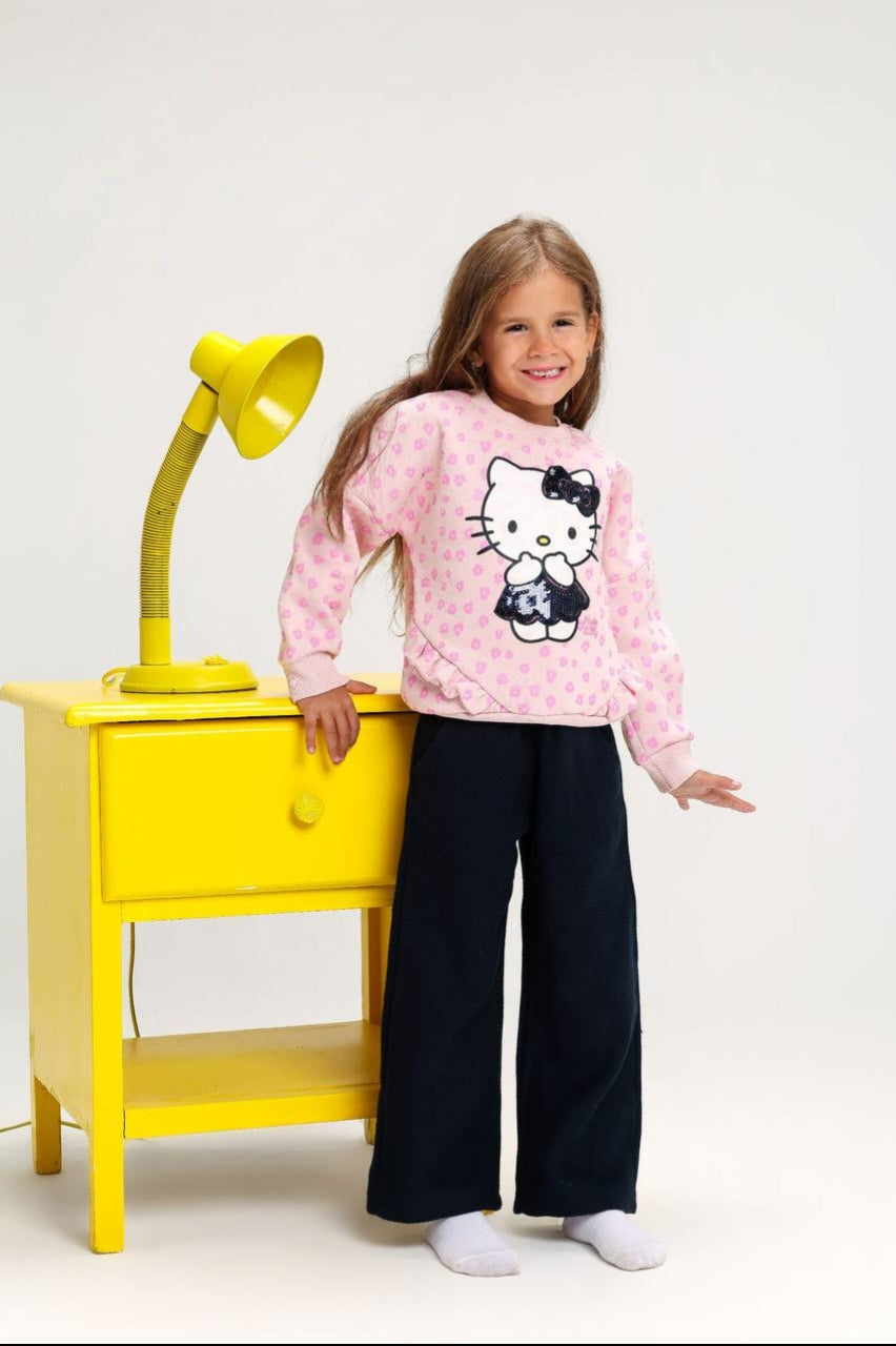 Girls’ Hello Kitty Pink Sweatshirt & Wide-Leg Pants Set – Cute Character Two-Piece Outfit