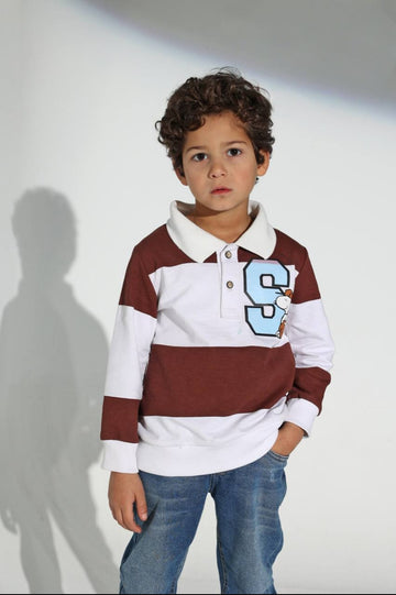 Boys’ Snoopy Rugby-Style Polo Shirt – Long-Sleeve Color Block Graphic Top