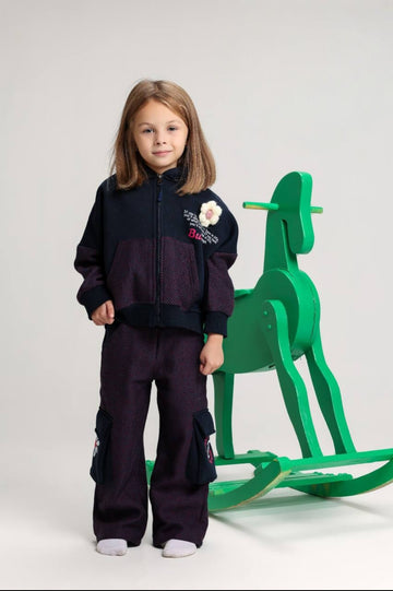 Girls’ Herringbone Zip-Up Jacket & Cargo Pants Set – Stylish Two-Piece Outfit