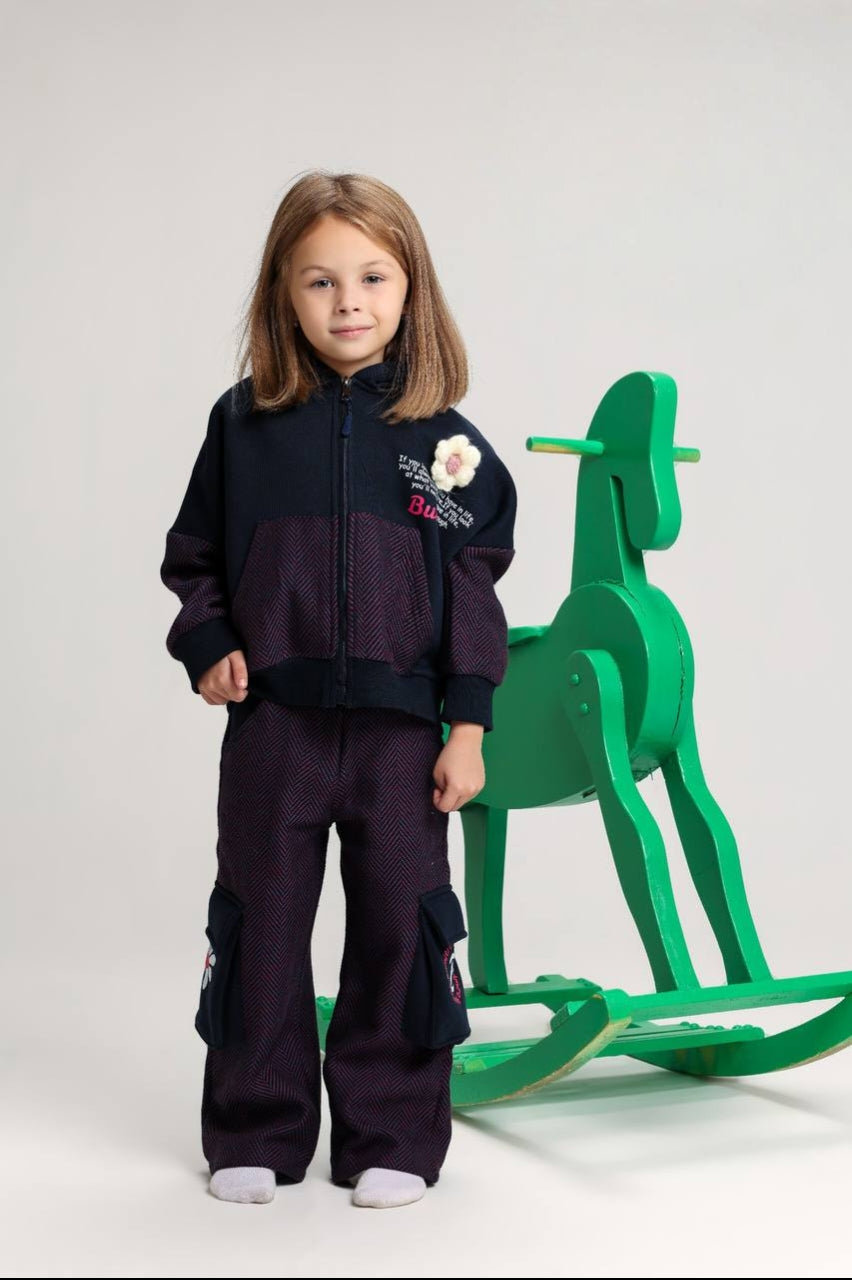 Girls’ Herringbone Zip-Up Jacket & Cargo Pants Set – Stylish Two-Piece Outfit