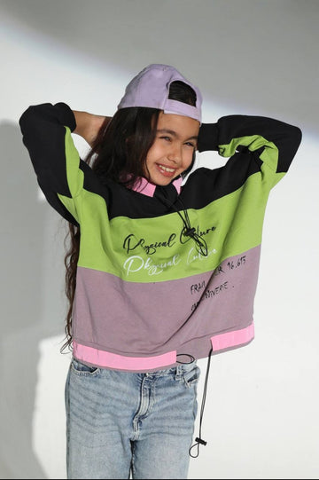 Girls’ Color Block Hooded Sweatshirt – Black, Green & Pink Graphic Pullover