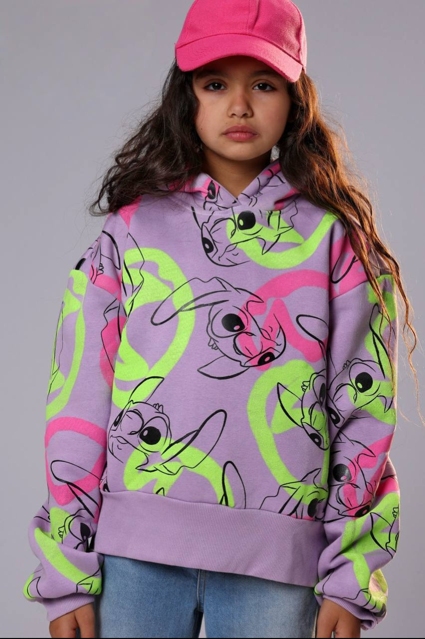Girls’ Stitch Graphic Hoodie – Lavender Pullover with Colorful All-Over Print