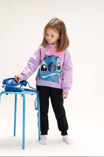 Girls’ Stitch Graphic Hoodie & Jogger Pants Set – Lavender and Black Two-Piece Outfit