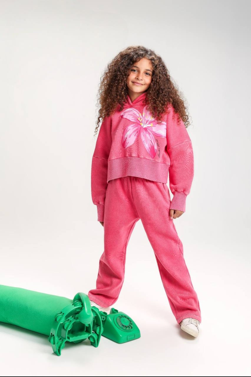 Girls’ Floral Graphic Hoodie & Wide-Leg Pants Set – Pink Two-Piece Casual Outfit
