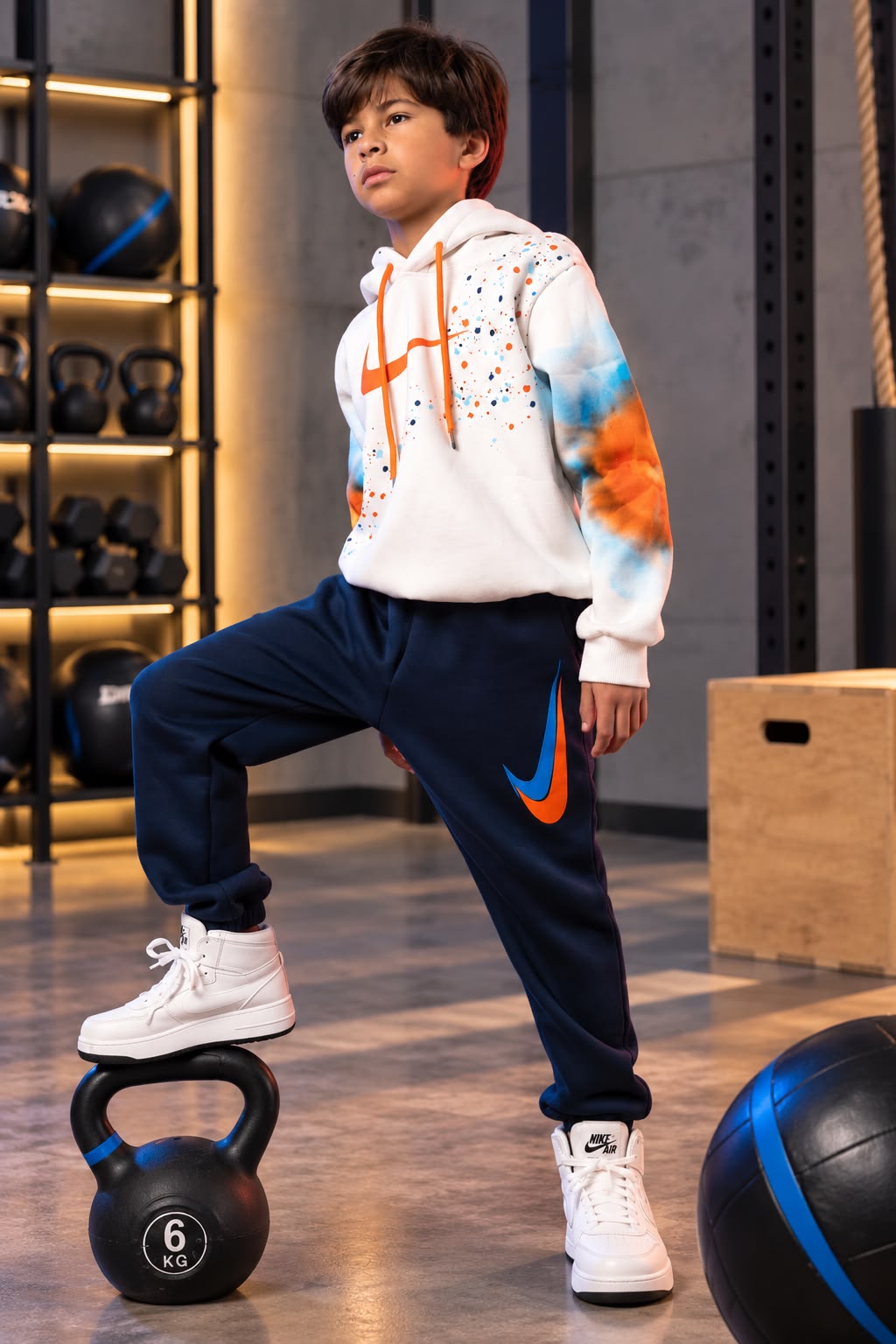 Boys’ Nike Graphic Hoodie & Jogger Pants Set – White and Navy Sporty Two-Piece Outfit