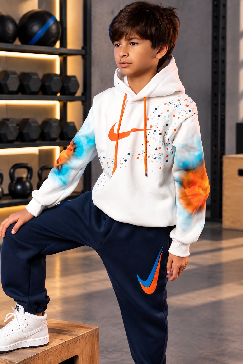 Boys’ Nike Graphic Hoodie & Jogger Pants Set – White and Navy Sporty Two-Piece Outfit