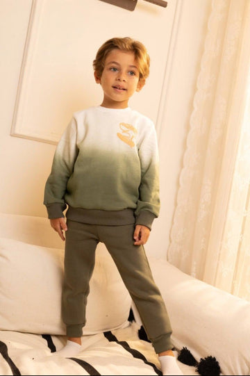 Boys’ Ombre Sweatshirt & Jogger Pants Set – Olive Green Two-Piece Casual Outfit