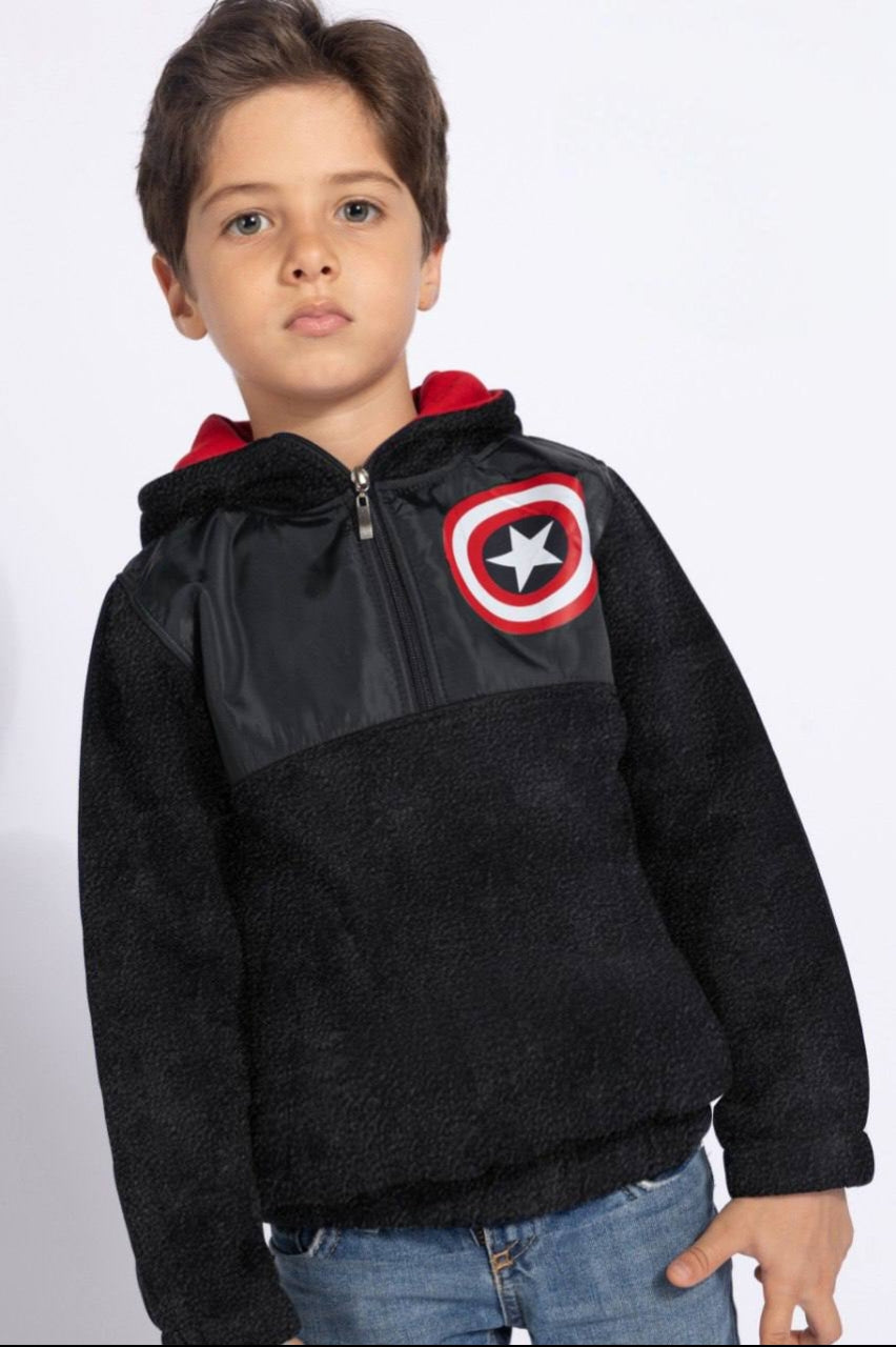 Boys Captain America Fleece Hoodie – Black Zip-Up Jacket with Red Hood