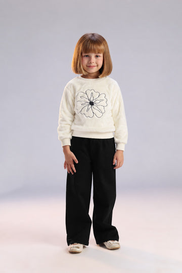 Girls Floral Plush Sweatshirt & Wide-Leg Pants Set – Cream & Black