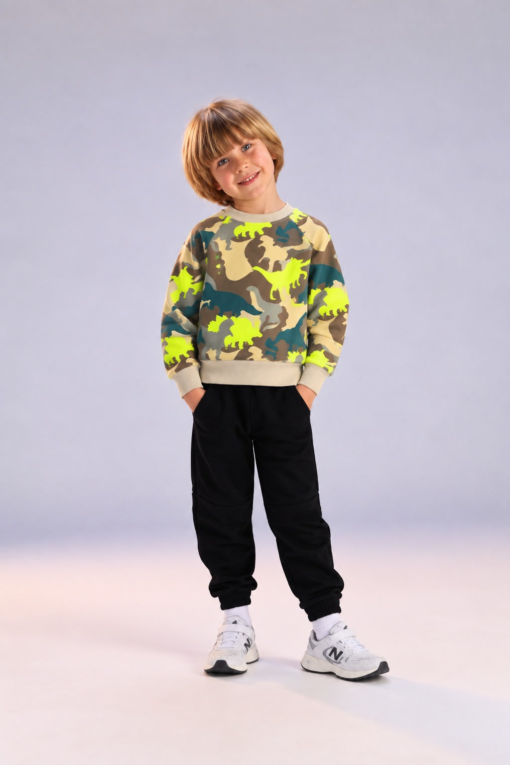 Kids Dinosaur Camo Print Sweatshirt & Jogger Set – Green & Black