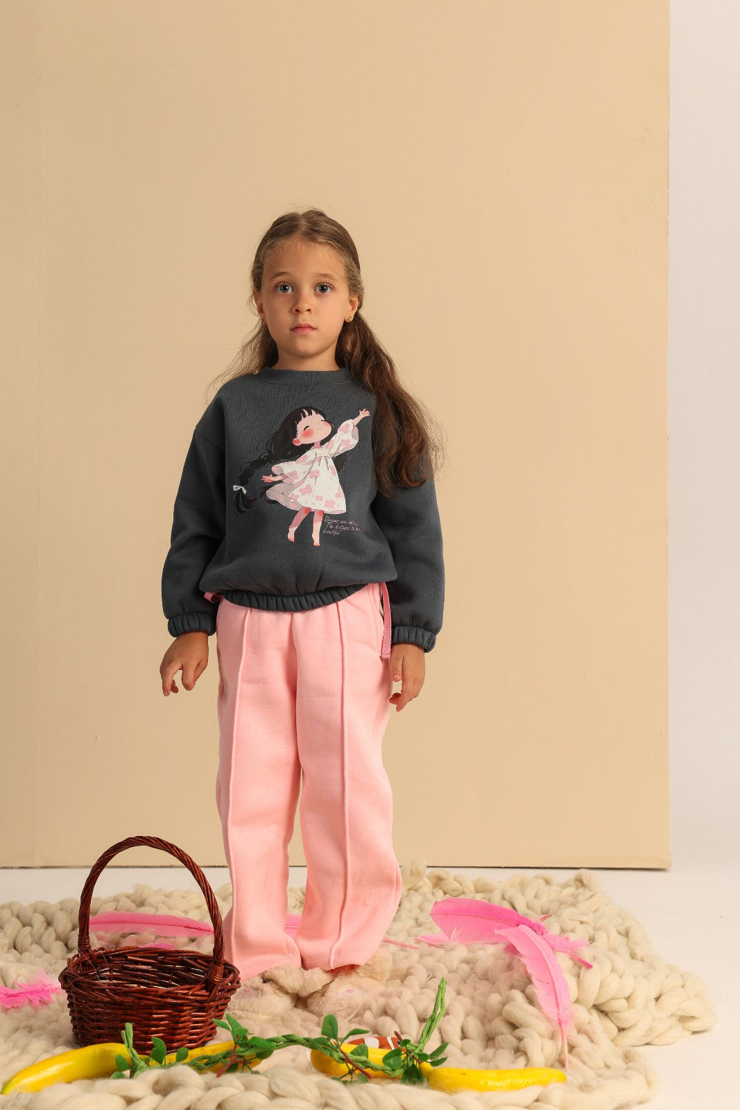 Girls’ Fairy Graphic Sweatshirt & Wide-Leg Pants Set – Charcoal & Pink