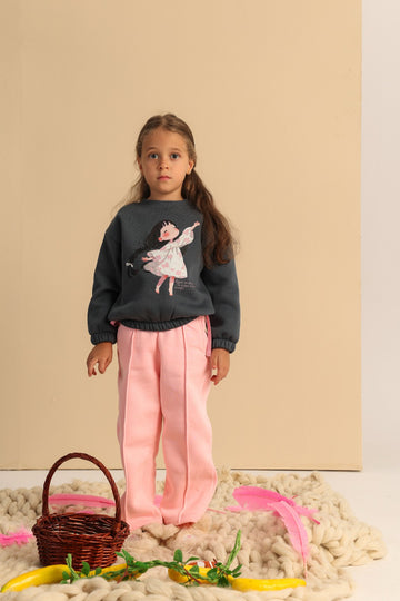 Girls’ Fairy Graphic Sweatshirt & Wide-Leg Pants Set – Charcoal & Pink